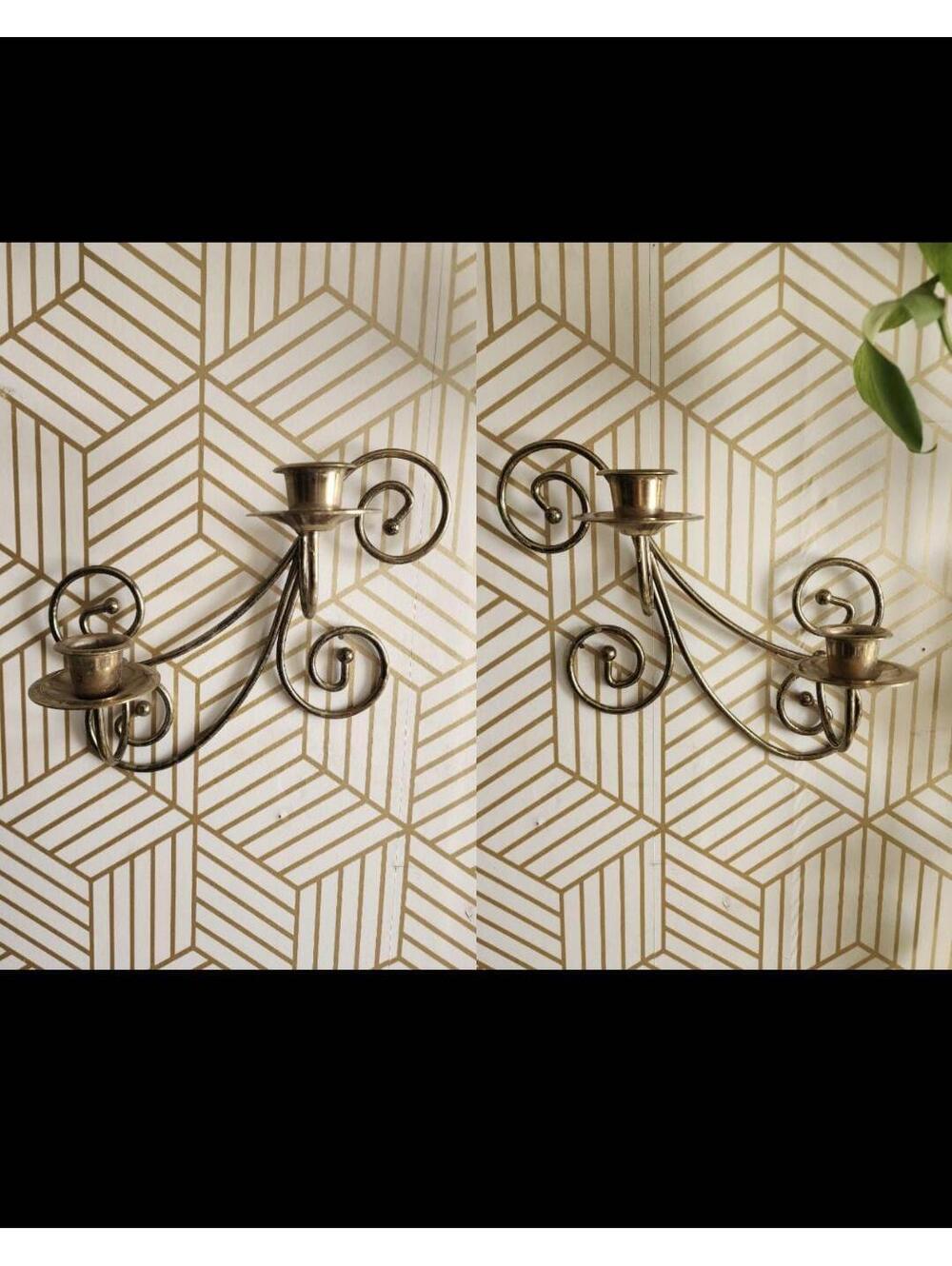 Vintage Gold Brass Scroll Wall Candle Holders Sconce Pair Hollywood Regency